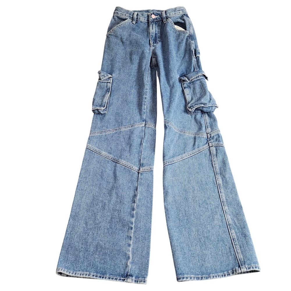 Barbie x Pacsun Baggy Cargo Jeans Size‎ 23 Blue Wide Leg Y2K Dollcore Low Rise